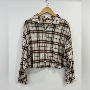 American Eagle Women’s Long Sleeve Crop Flannel Button Down Shirt Large